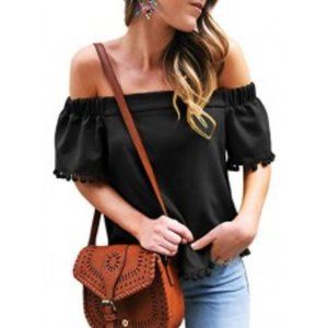 Off the Shoulder Short Sleeve Tassel Trim Blouse